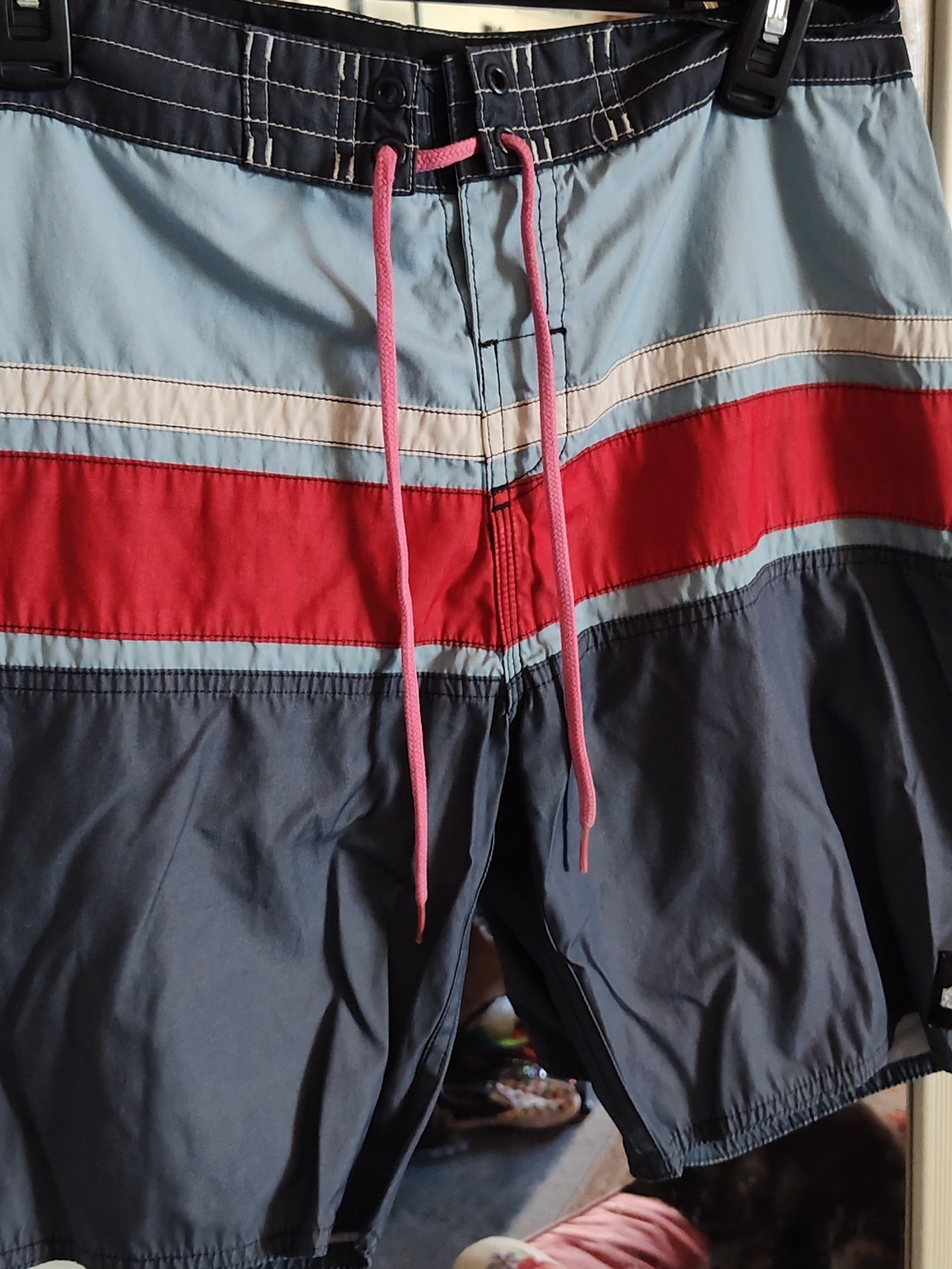 Quiksilver Navy, Light Blue & Red Colorblock Board Shorts with Pink Drawcord